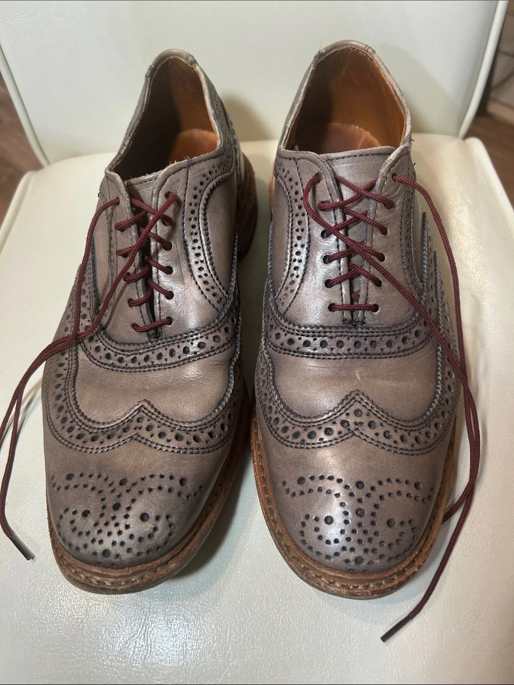 Allen Edmonds Taupe/Brown Brogue Wingtip Derby with Burgundy Laces GC/No Box